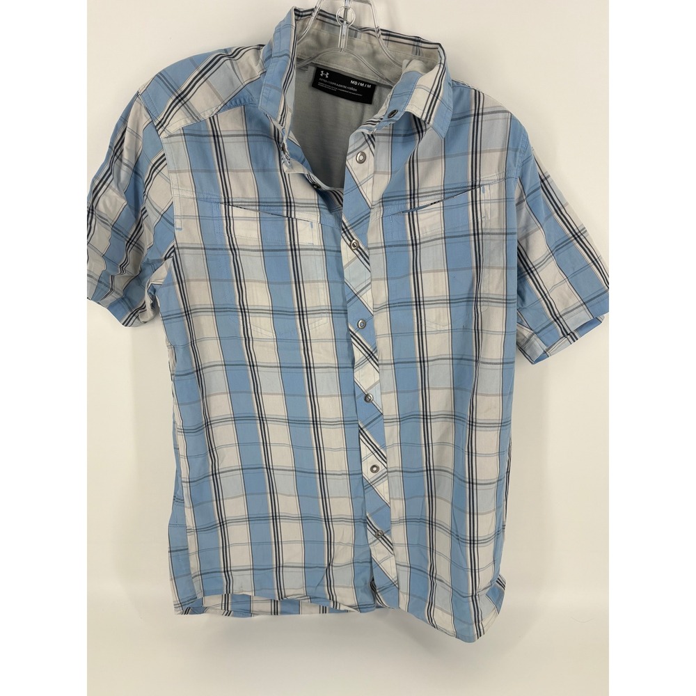 Under Armour Mens Medium Blue Plaid Button Down Short Sleeve Fitted‎ Shirt